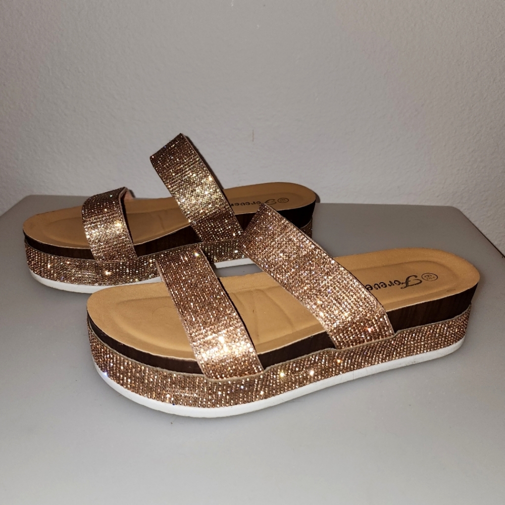 Bedazzled Platform Sandles Size 6 1/2 Forever Tan and Gold